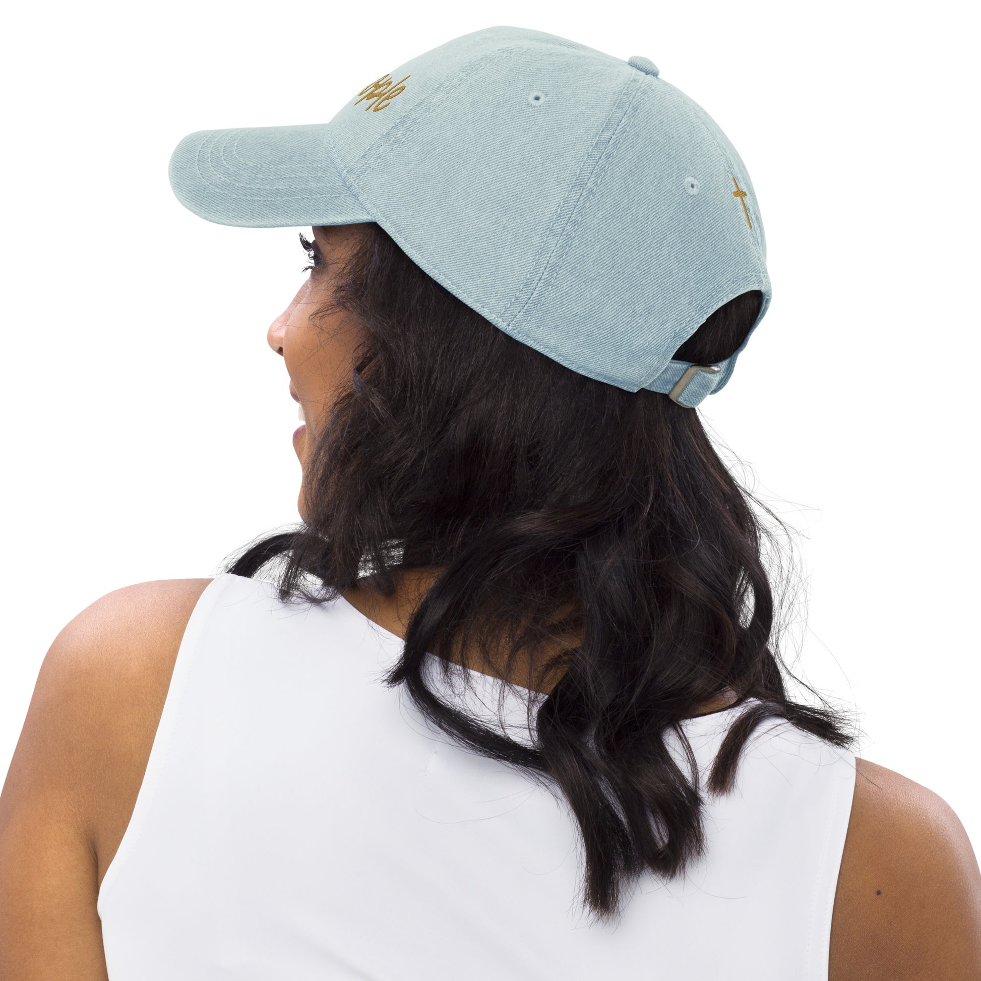 Light blue embroidered denim hat from Kilikina Faith Wear, featuring a stylish design for casual wear.
