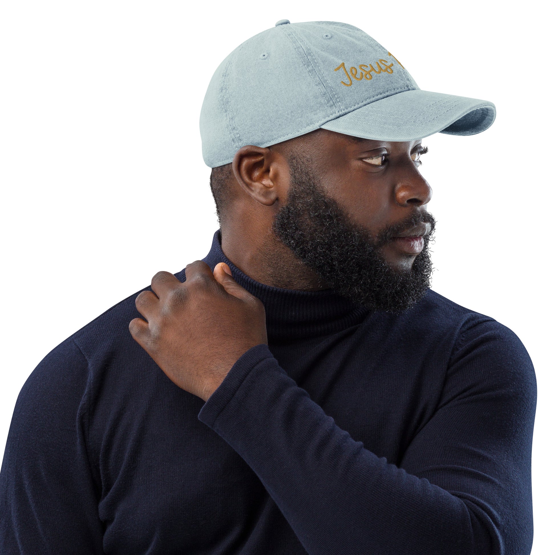 Light blue embroidered denim hat by Kilikina Faith Wear, featuring a stylish design for casual wear.